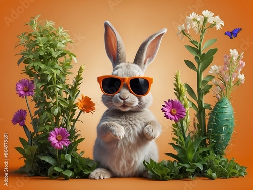 Funny easter animal pet - Easter bunny rabbit with sunglasses, giving thumb up, isolated on orange background. background Generative AI illustration of glowing plant growing on computer chip represent