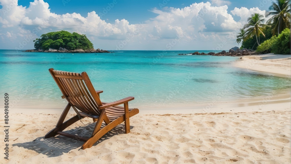 Serene beach scene with a single lounge chair under a palm tree