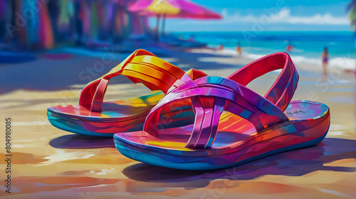 Vibrant Rainbow Flip-Flops on Glossy Reflective Surface
