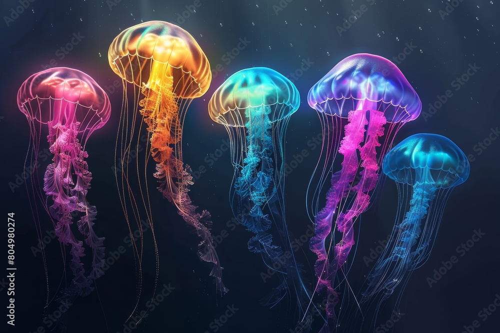 Neon Glowing Jellyfish on Dark Background Neon Glowing Jellyfish on Dark Background