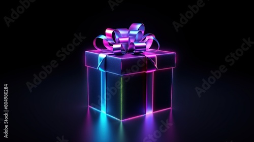 Neon color pink and light blue gift box with ribbon on dark blue background.