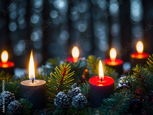 Candlelit Forest  Immerse Yourself in the Intimate Atmosphere of a Close-Up Candle Resting Among Spruce Branches  Illuminating the Berries with a Gentle Radiance.