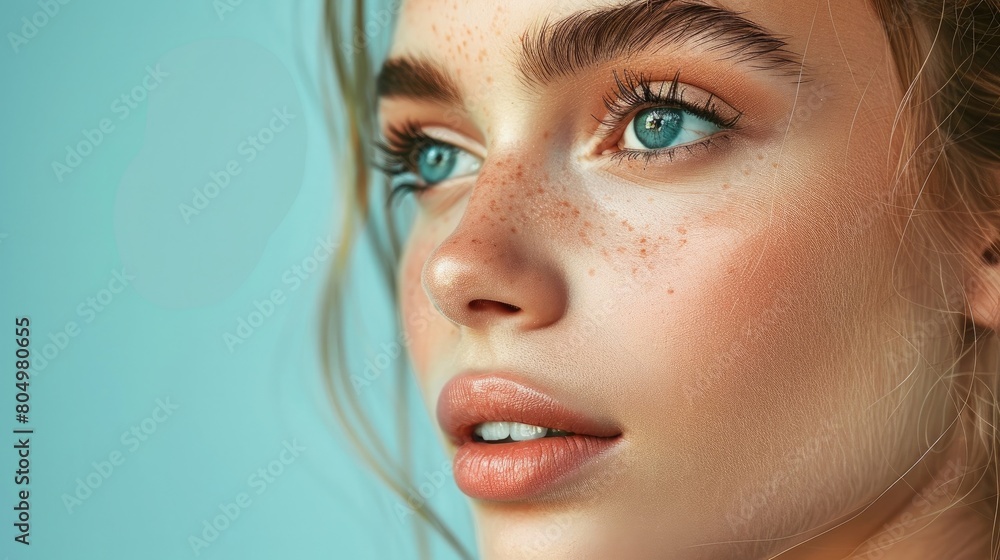 clean natural make up profile of young blonde Caucasian woman with blue eyes on isolated background