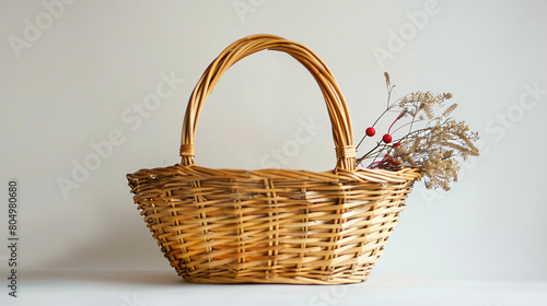 Stylish wicker basket on white background