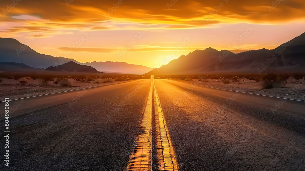 Low level view of empty old paved road in mountain area at sunset Low level view of empty old paved road in mountain area at sunset