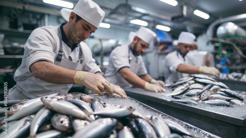 Group of seafood processing staff working with fresh sardines in plant hyper realistic 