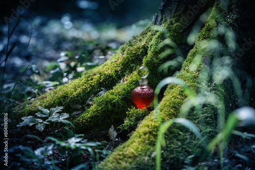 magican potion in glass bottle in summer forest photo
