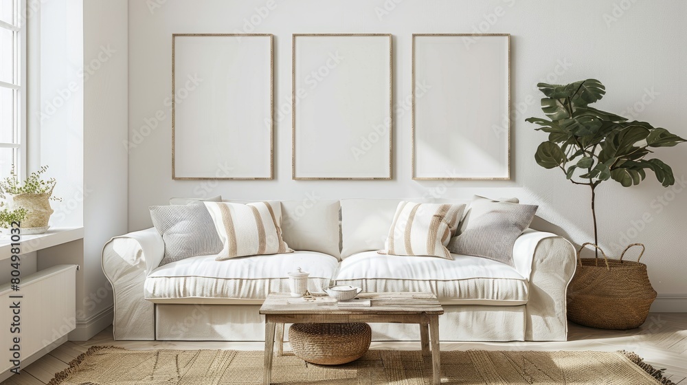 render of three vertical blank frames in a mockup cozy living room, a white sofa with striped pillows and a wooden white table near a window with natural light, white walls render of three vertical blank frames in a mockup cozy living room, a white sofa with striped pillows and a wooden white table near a window with natural light, white walls