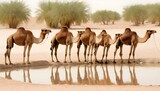 A Group Of Camels Drinking From An Oasis