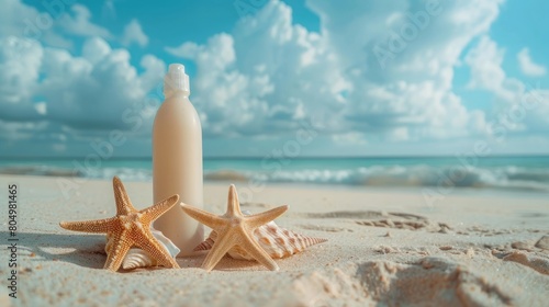 Sunscreen lotion bottle with starfish and seashells on sandy shore