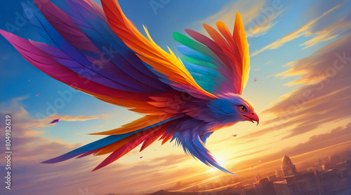 Vibrant, Majestic Eagle Soaring Over Cityscape at Sunset in Rainbow Hues