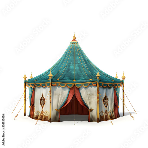 Classic, ornate circus tent rendered in 3d, standing alone with a clean white backdrop