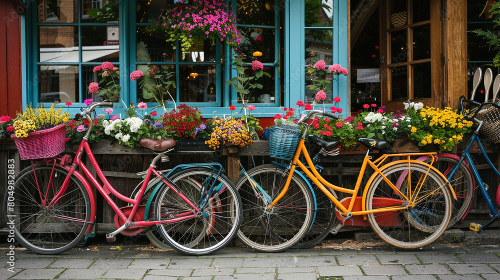 row of colorful bicycles parked neatly outside quaint cafe with baskets filled with fresh flowers and the aromof coffee wafting through the air inviting cyclists to take break and enjoy moment 