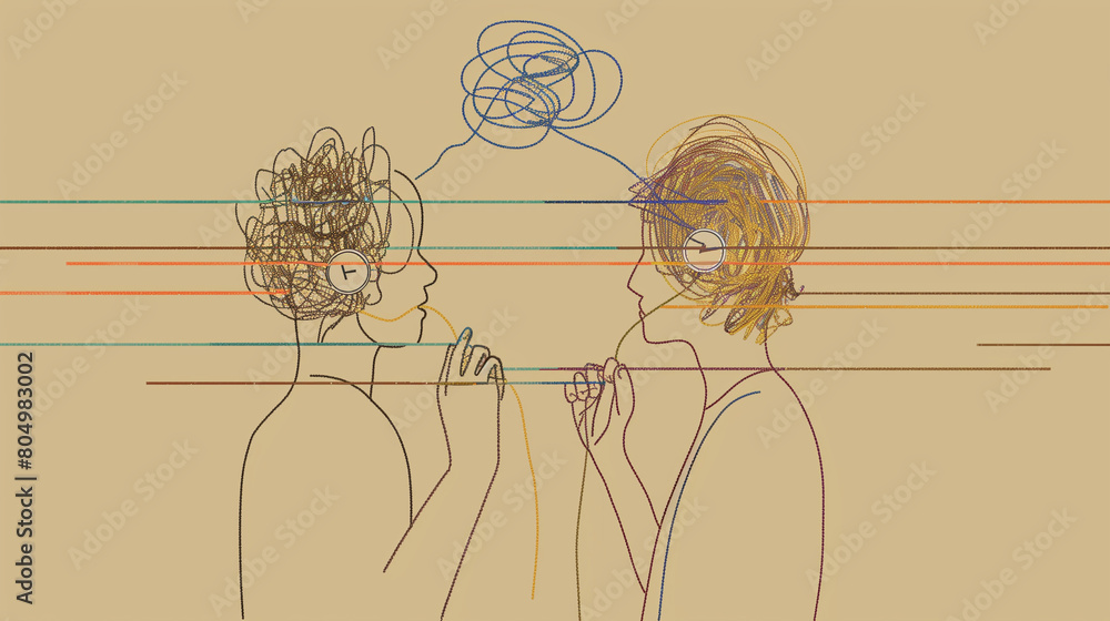 A simple line drawing featuring two people facing each other. One person's head is covered in scribbled lines, indicating confusion or chaos, while the other holds up an earpiece with similar messy 