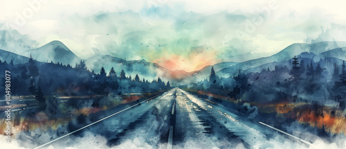 Watercolor painting landscape old dusty paved road travels through the countryside in dusk weather with grass and trees grow on the sidelines.