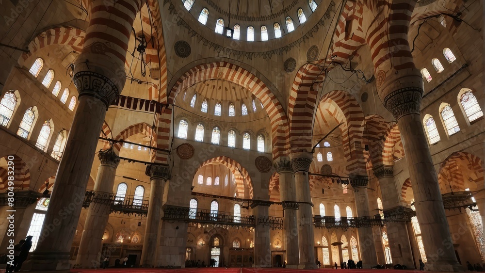 Obraz premium Solemn and serene mosque interior bathed in sunlight