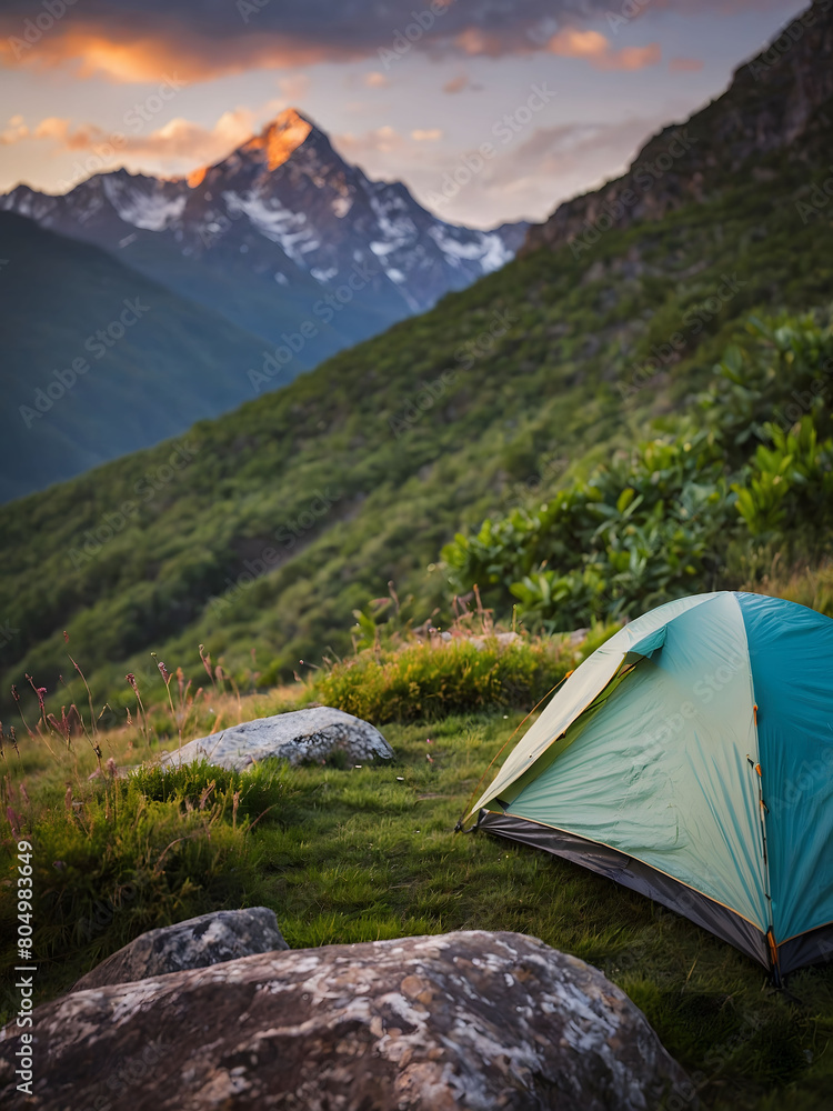 Capture the rugged beauty of the mountainside as a tent anchors a tourist camp, offering shelter amidst nature's grandeur.