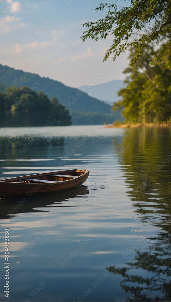 Capture the tranquility of a boat gently floating on the calm surface of the lake.