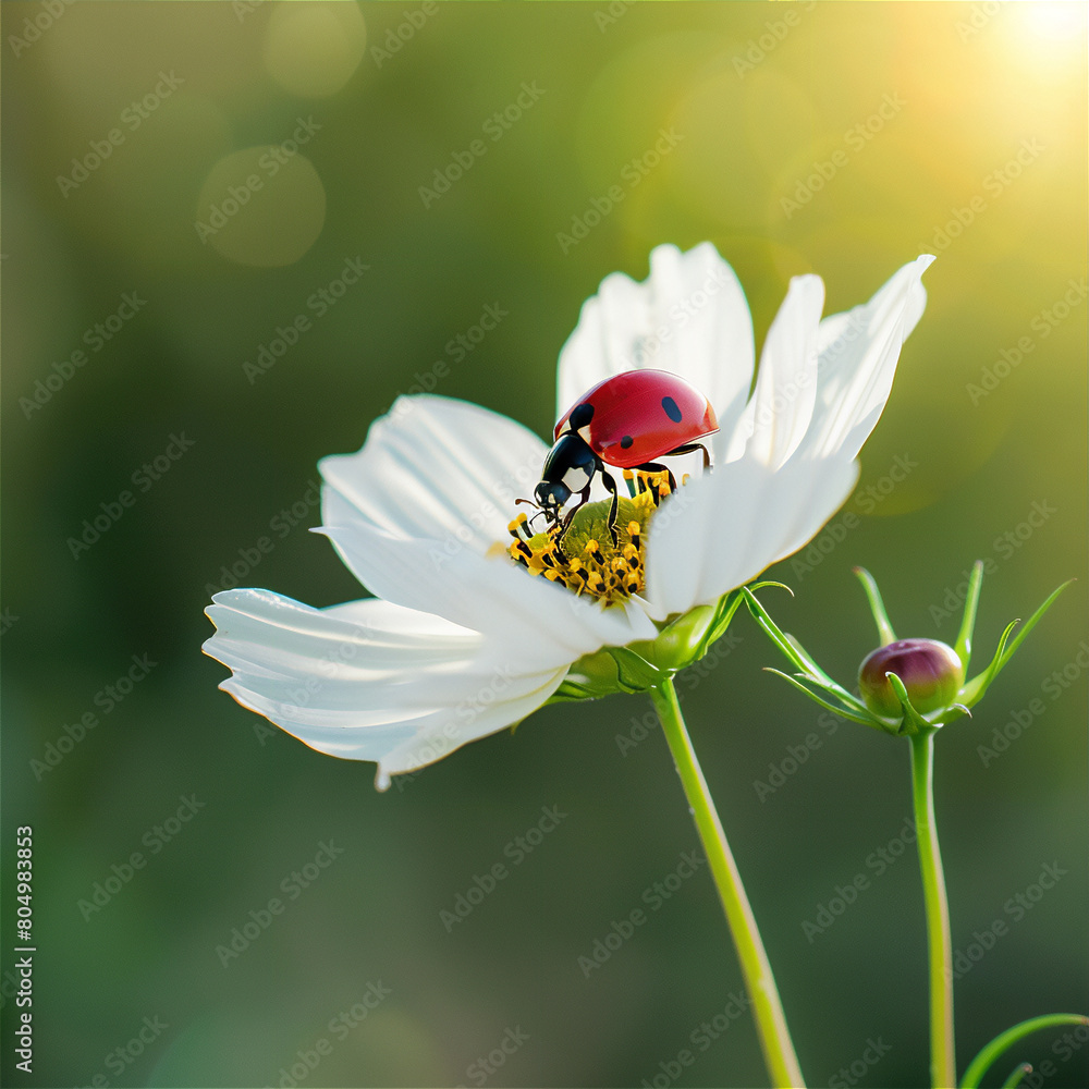 Fototapeta premium Ladybug on white blossom flower in close up. Spring and summer theme background.