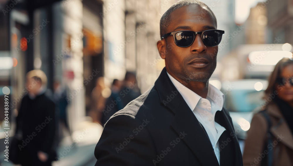 An attractive African American man in his late thirties confidently strides through a busy city street. Dressed in a sleek black suit and stylish sunglasses, he embodies the modern, urban professional An attractive African American man in his late thirties confidently strides through a busy city street. Dressed in a sleek black suit and stylish sunglasses, he embodies the modern, urban professional