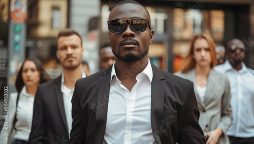 Confident Multiracial Business Team in City. African American male leader stands at the forefront of a focused multiracial business team walking in an urban environment.