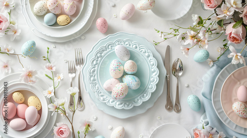 Table setting for Easter celebration on white background