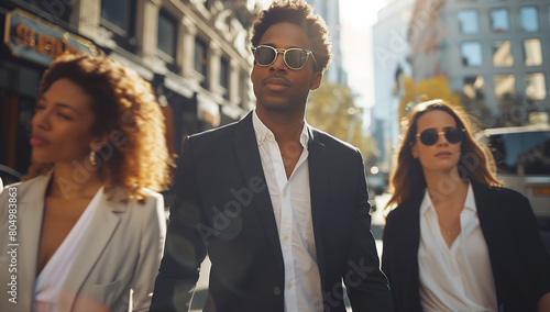 Fashionable Business Team on Sunny City Street. A chic African American male leads a fashionable business team, exuding confidence and style on a sunlit urban street.