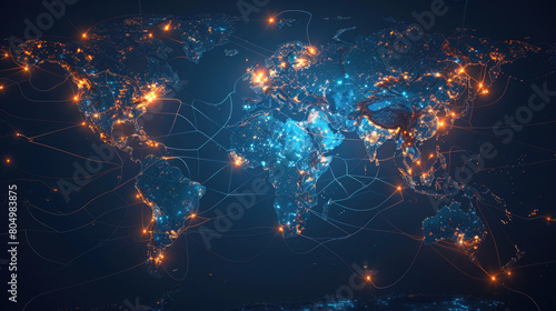 Closeup world map connections  suitable for global network  international business  communication  travel  social media  and technology concepts.