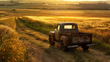 rugged pickup truck parked on dirt road in the heart of the countryside with fields of golden wheat stretching to the horizon and the sun casting warm glow on the rustic landscape.