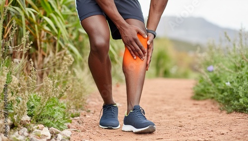 Runner injures calf muscle, sprains ligament outdoors on dirt path, foot with orange bone photo