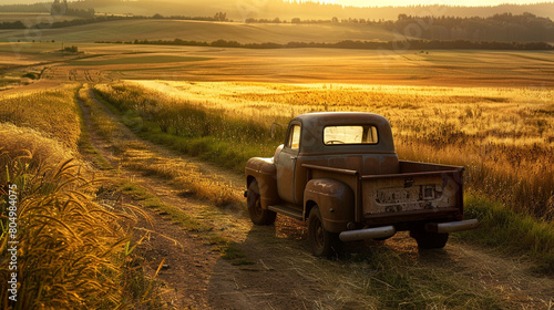 rugged pickup truck parked on dirt road in the heart of the countryside with fields of golden wheat stretching to the horizon and the sun casting warm glow on the rustic landscape. photo