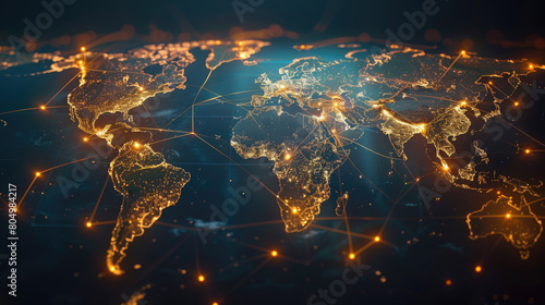 Closeup world map connections, suitable for global network, international business, communication, travel, social media, and technology concepts.