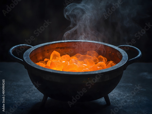 Cauldron with Orange Glowing Potion Isolated on a Dark Foggy Background.