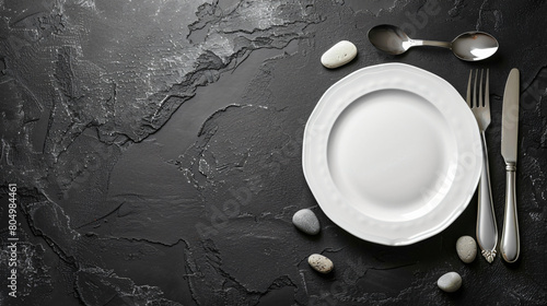 Table setting with white plate cutlery and stones