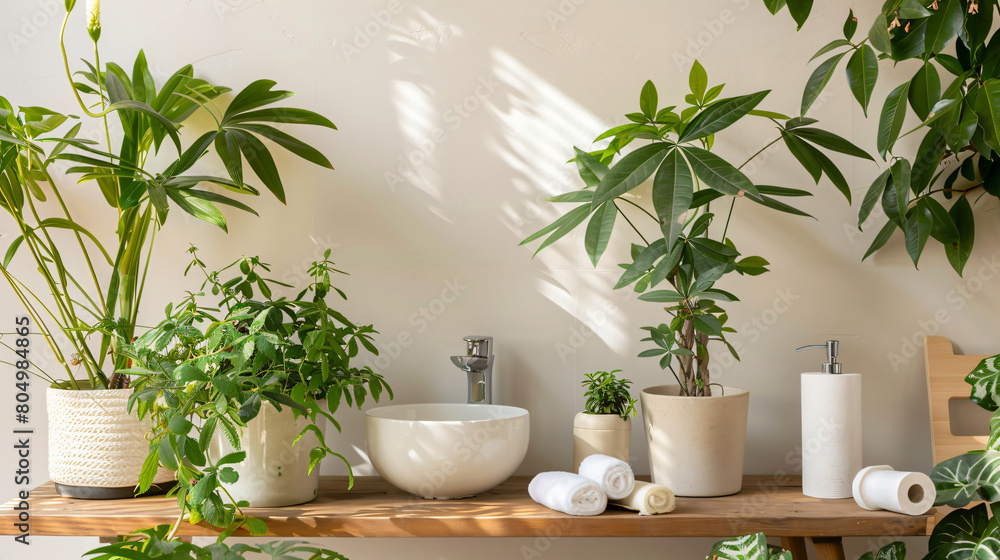 Table with houseplants paper rolls toilet bowl and bin