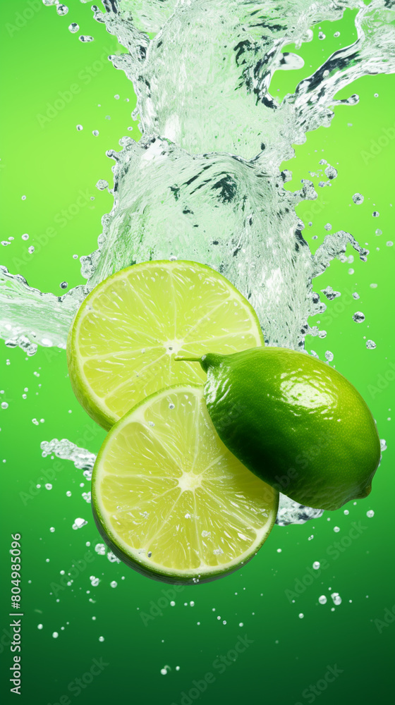 Fresh lime dropped into water with splash Fresh lime dropped into water with splash