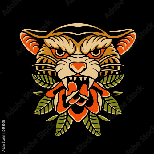 tiger tattoo, old school tattoo design roses and tiger (ID: 804985019)