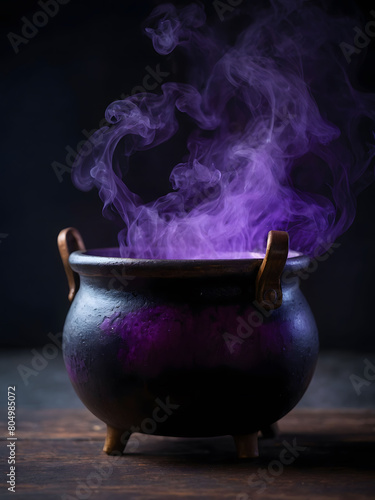 Cauldron with Violet Glowing Potion Isolated on a Dark Foggy Background.