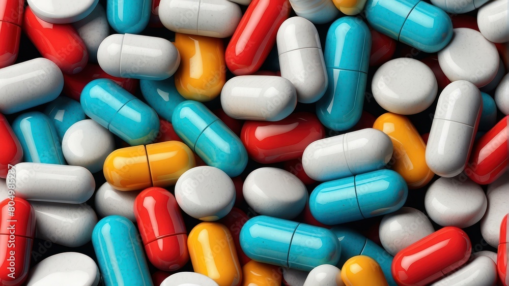 Various colorful pills and capsules on a teal background Various colorful pills and capsules on a teal background