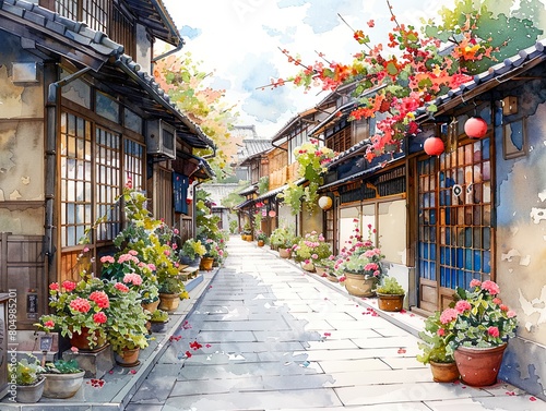 Fototapeta Naklejka Na Ścianę i Meble -  Kyoto streets with windows and houses and flowers in watercolor style