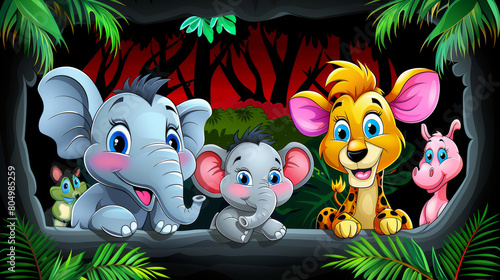 Colorful cartoon animal theme poster design for kids , background in red and black color scheme.