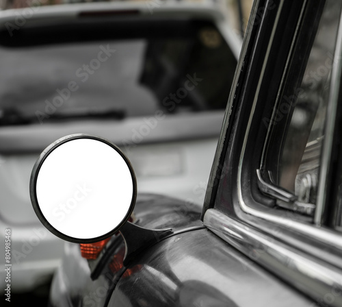 white mockup side rear rear view mirror of classic vintage retro car. Old vintage retro black vehicle with details; vintage round side view mirror window. mock up template.  mock-up blank for design.