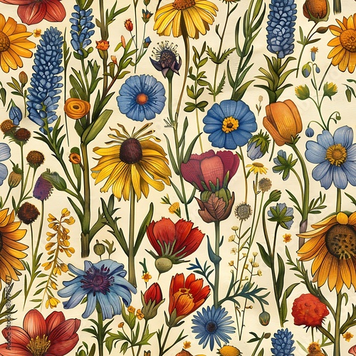 Seamless floral pattern with poppies, cornflowers and wildflowers