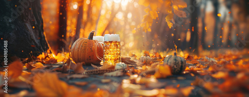 Oktoberfest-themed scene outdoors with beer mugs, pumpkins, and vibrant autumn leaves in the sunset light. photo