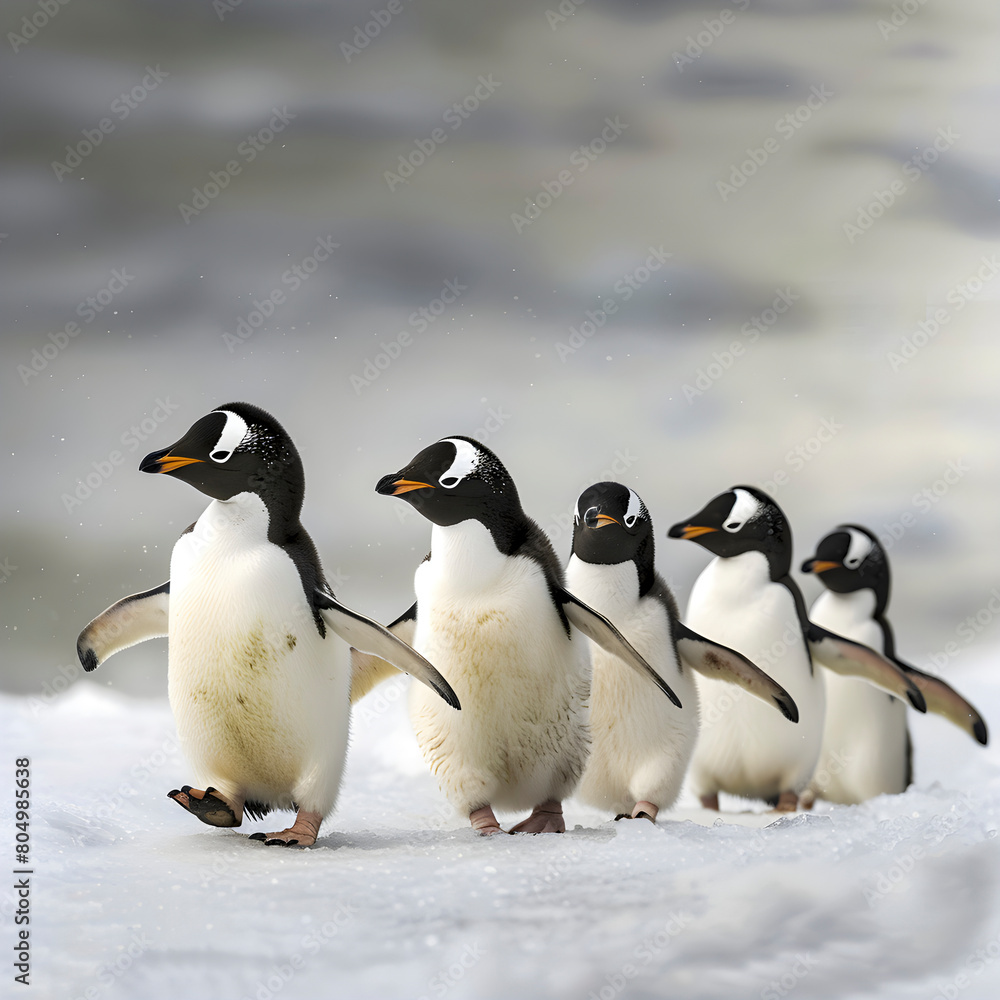 Fototapeta premium A group of gentoo penguins waddles across a snowy terrain, displaying natural behavior and camaraderie