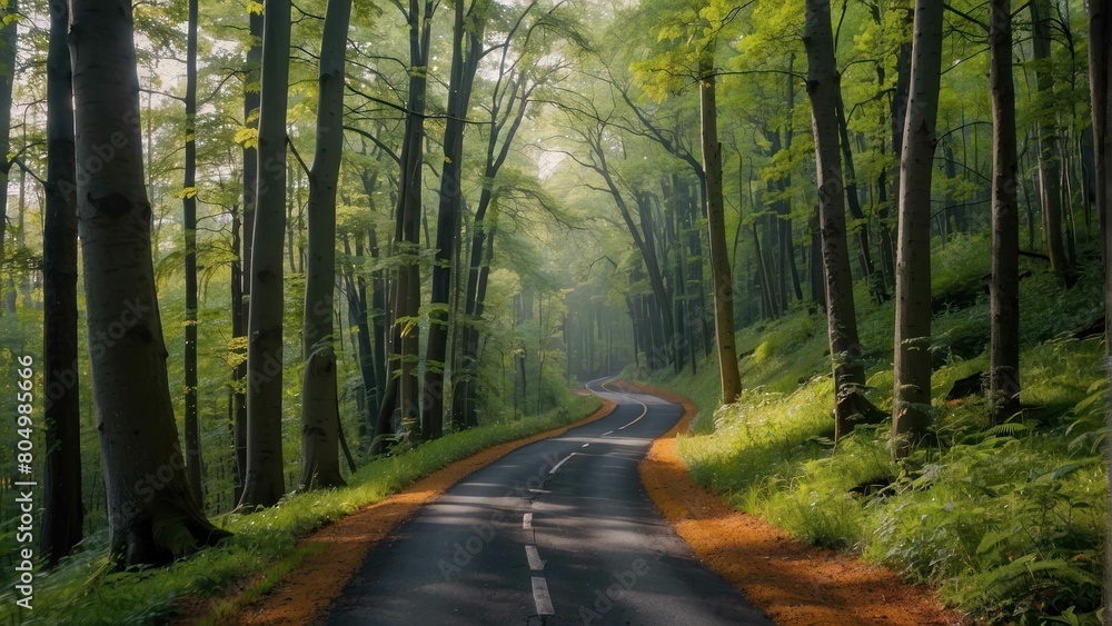 Empty road through a tranquil green forest with fog Empty road through a tranquil green forest with fog