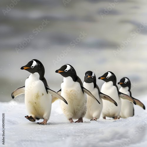 A group of gentoo penguins waddles across a snowy terrain, displaying natural behavior and camaraderie