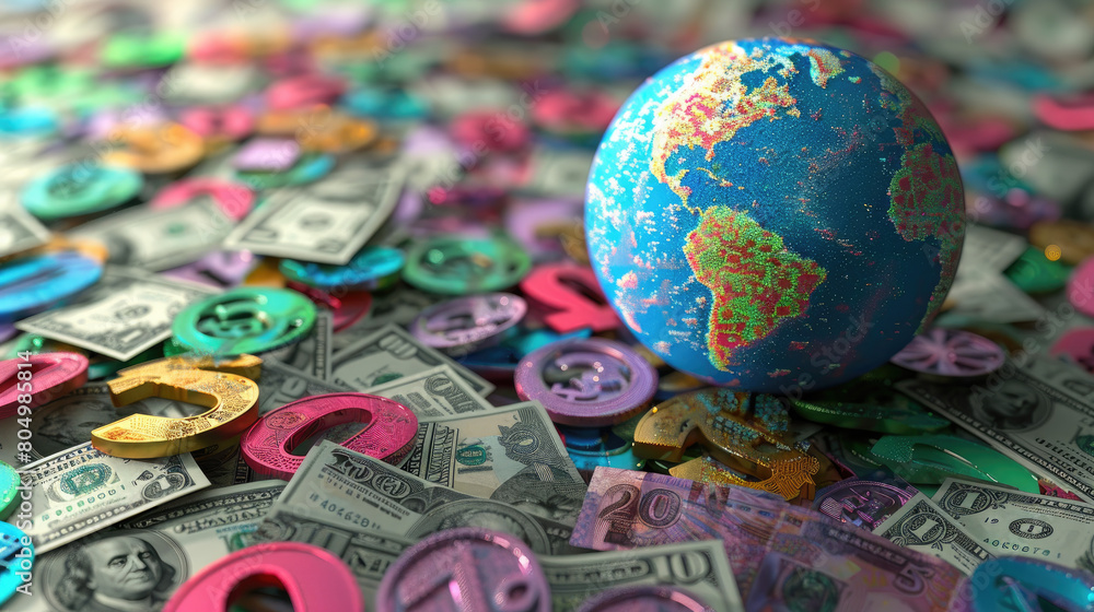 Closeup blue globe surrounded by money. Ideal for financial concepts, global economy, investments, wealth management, business growth visuals.