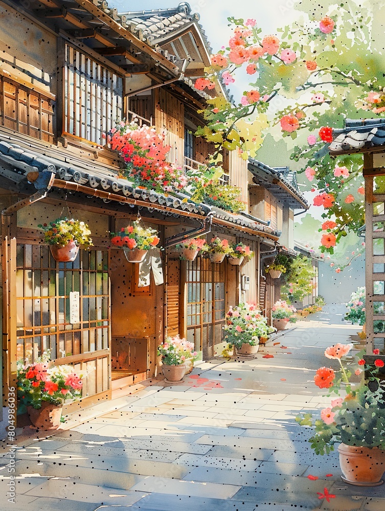 Kyoto streets with windows and houses and flowers in watercolor style