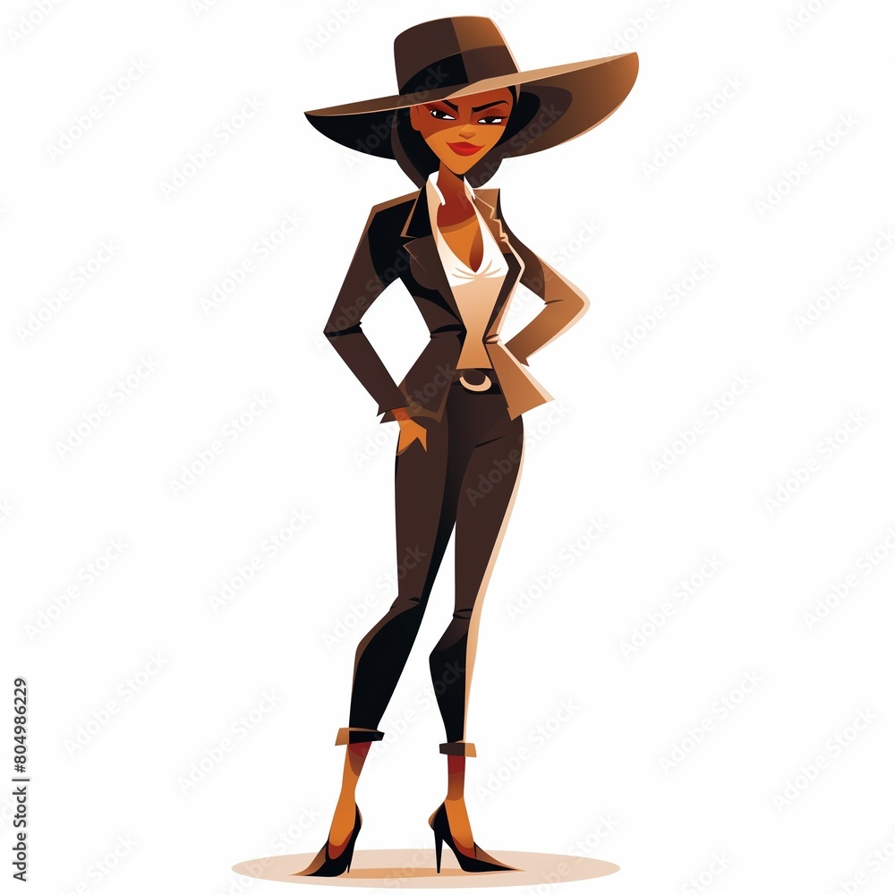 Stylish Cartoon Woman in Suit with Wide Brim Hat on White Background Stylish Cartoon Woman in Suit with Wide Brim Hat on White Background